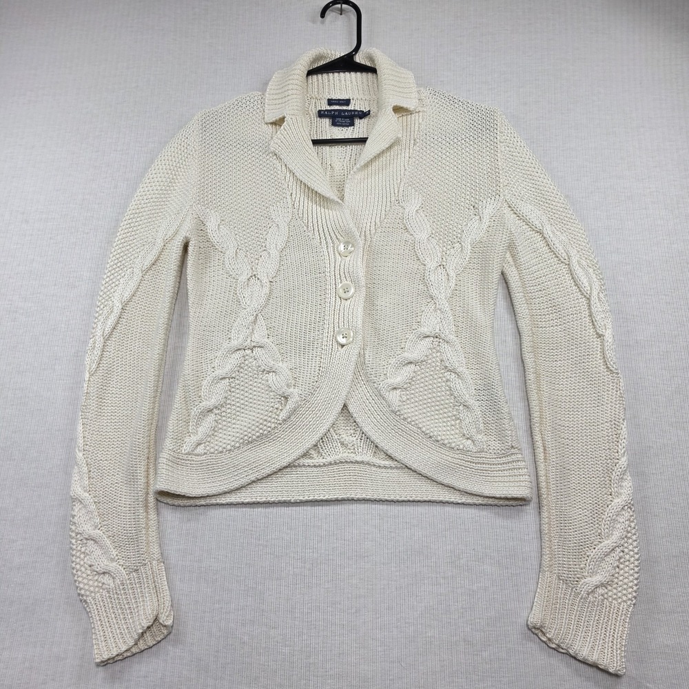 Vintage Ralph Lauren Hand Knit Cotton Cable Cropped Cutaway Bolero Cardigan M